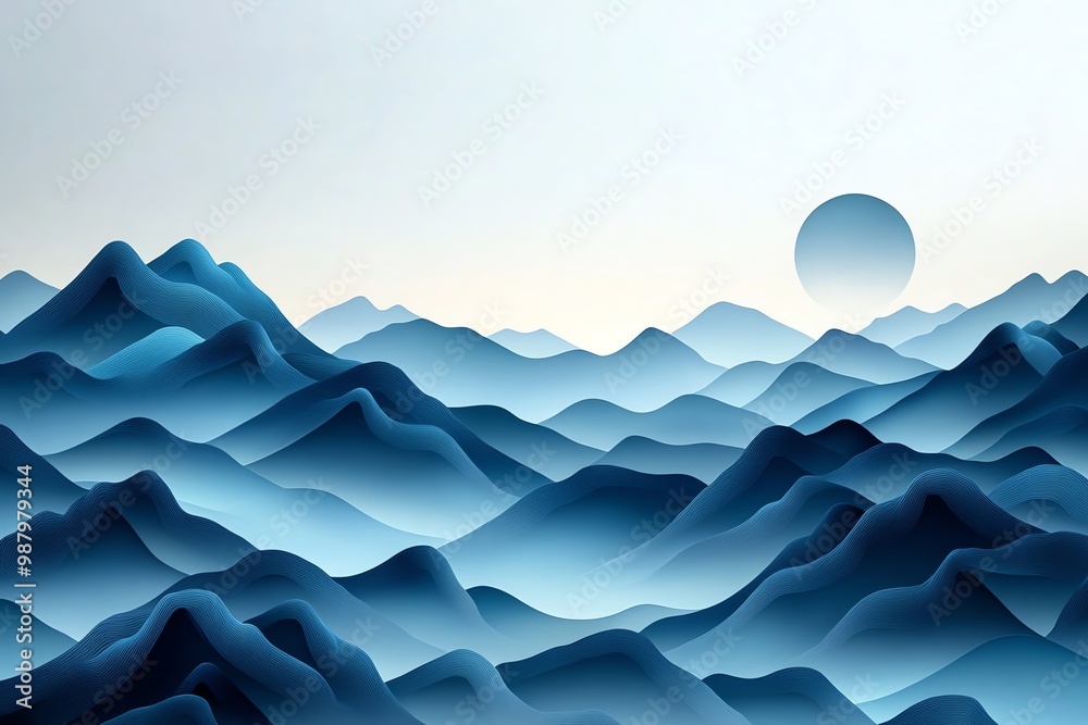Minimalist mountain landscape, with soft hues of blue and grey, creating a sense of calm and adventure Minimalist mountain landscape, with soft hues of blue and grey, creating a sense of calm and adventure