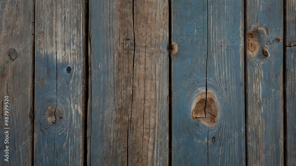 Obraz premium close up view of a wooden surface with light blue planks arranged side by side, wood textured background