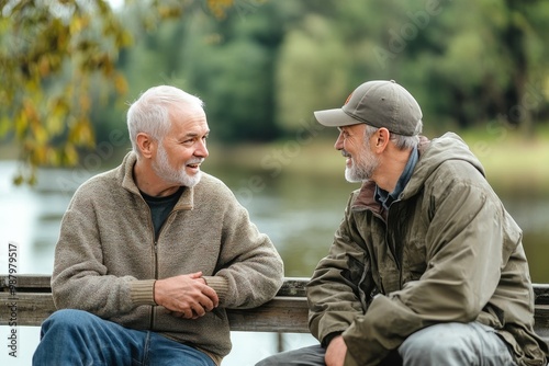 Joyful senior man and his son bonding while freshwater fishing from a scenic pier photo