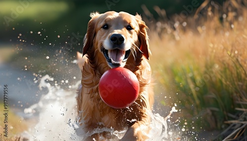 Joyful Golden Retriever exuberantly sprinting with a red ball in mouth photo