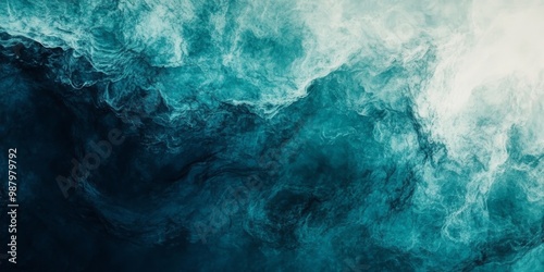 Abstract blue and teal watercolor background with ocean wave textures and dramatic lighting, top-down aerial view.