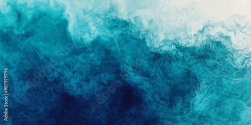 Abstract blue and teal watercolor background with ocean wave textures and dramatic lighting, top-down aerial view.