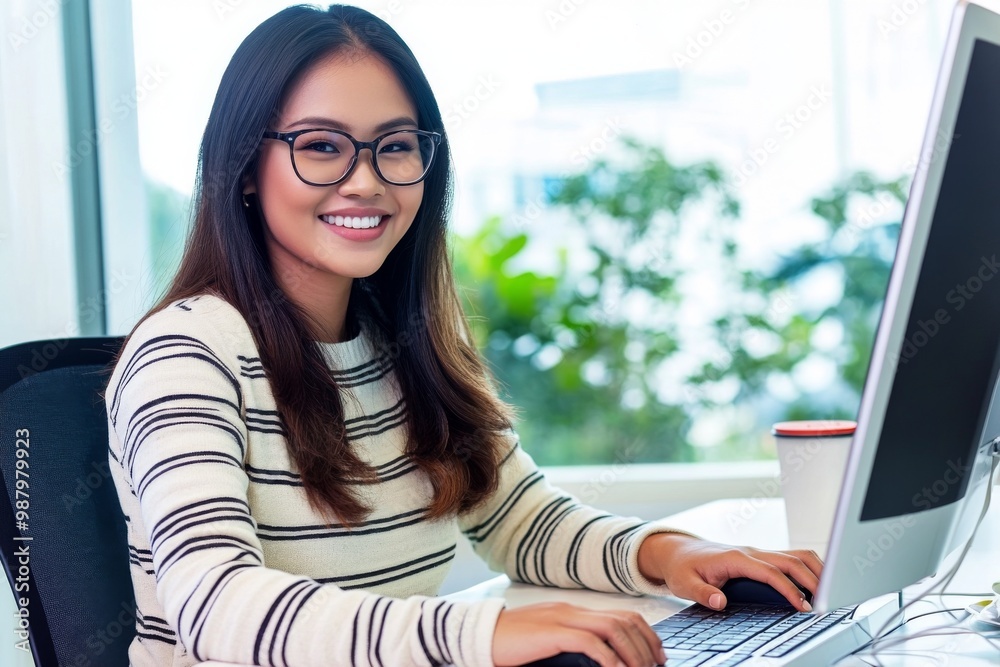 Smiling Filipino woman in glasses sitting at her desk, typing on a computer with a window view in the background. Smiling Filipino woman in glasses sitting at her desk, typing on a computer with a window view in the background.
