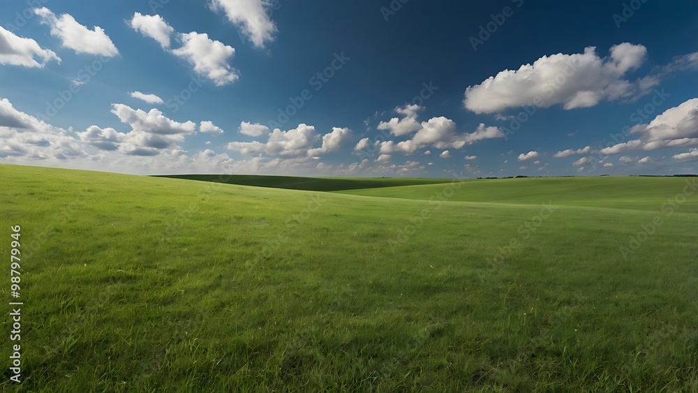 Fototapeta premium Landscape image featuring a vast, gently rolling green hill under a clear vibrant blue sky, nature background