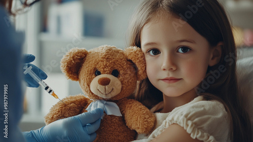 A little girl at a doctors office holding a teddy bear with pensive look on her face unsure. The doctor is giving the teddy a shot to show that there is nothing to be afraid of.
