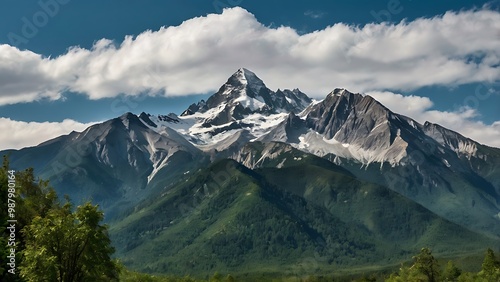 Landscape photography featuring a range of jagged, jagged mountain peaks under a clear blue sky with fluffy clouds