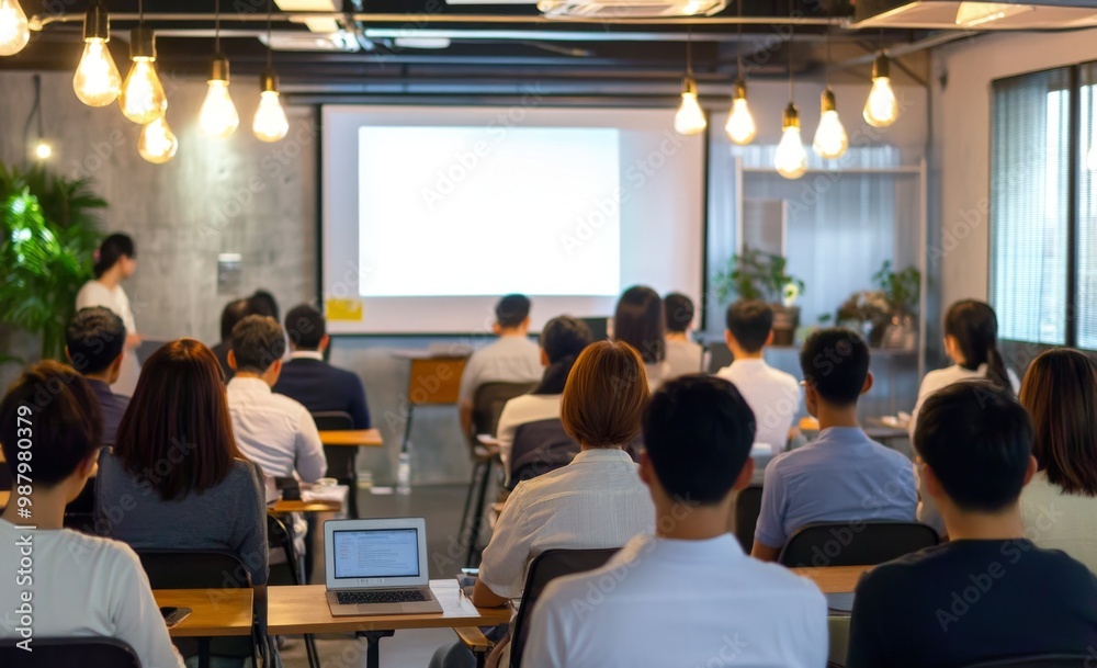 Obraz premium Asian business training presentation in a modern office, audience seated and listening to the speaker with light bulb pendant lights, whiteboard, and laptop displaying PowerPoint content.