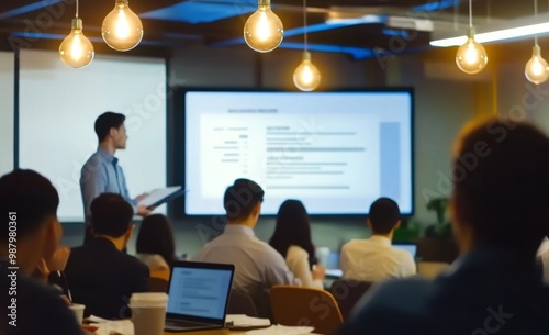 Asian business training presentation in a modern office, audience seated and listening to the speaker with light bulb pendant lights, whiteboard, and laptop displaying PowerPoint content. photo