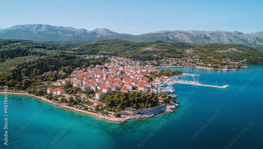 Naklejka premium Aerial view of Kupari, Croatia, showcasing white buildings with red roofs surrounded by turquoise sea and mountains. Clear blue summer sky with a visible harbor on the right.