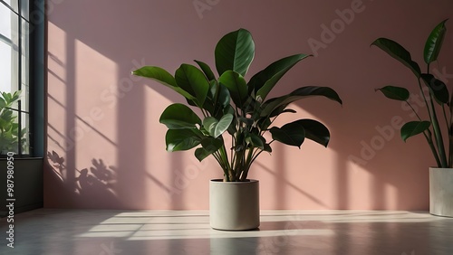 Minimalist photography featuring a single rubber plant against a solid pink background. photo