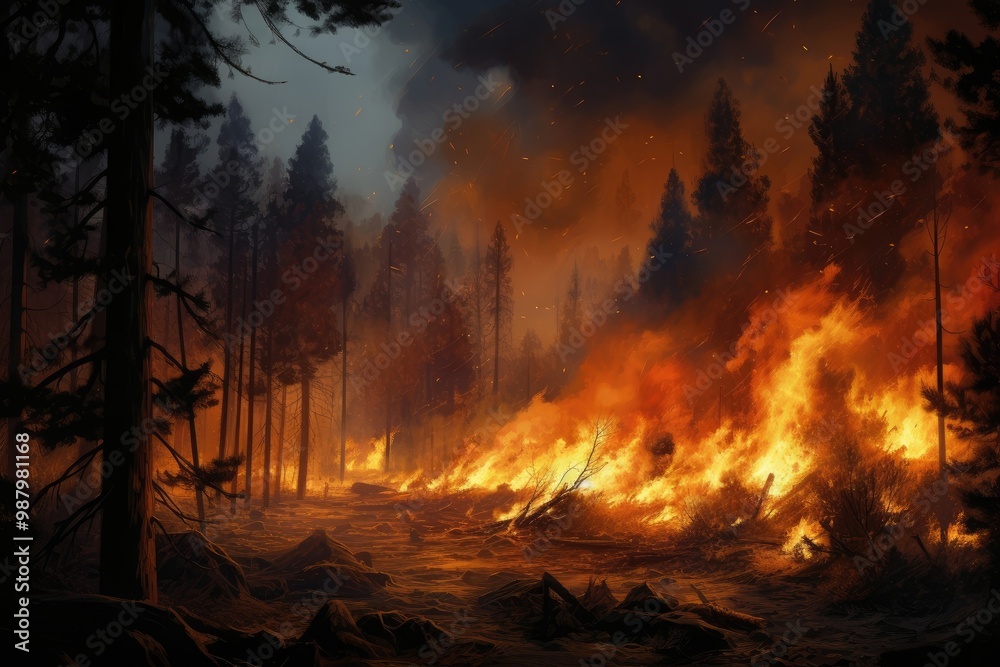 Forest fire burning with a lot of smoke at night. Wildfire. Heatwave causes forest burning rapidly and destroyed, natural calamity. Pine trees burned during the dry season. Natural disaster Forest fire burning with a lot of smoke at night. Wildfire. Heatwave causes forest burning rapidly and destroyed, natural calamity. Pine trees burned during the dry season. Natural disaster