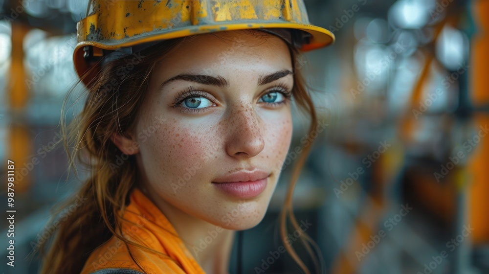 Female Construction Worker with Helmet Standing in Front of Building Under Construction Female Construction Worker with Helmet Standing in Front of Building Under Construction