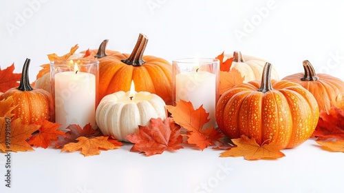 Thanksgiving Togetherness Decorations A Thanksgiving table centerpiece with pumpkins, candles, and autumn leaves, warm cozy colors, isolated on white background photo