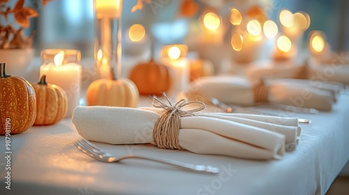 Thanksgiving Togetherness Decorations Close-up of Thanksgiving dinner table settings photo