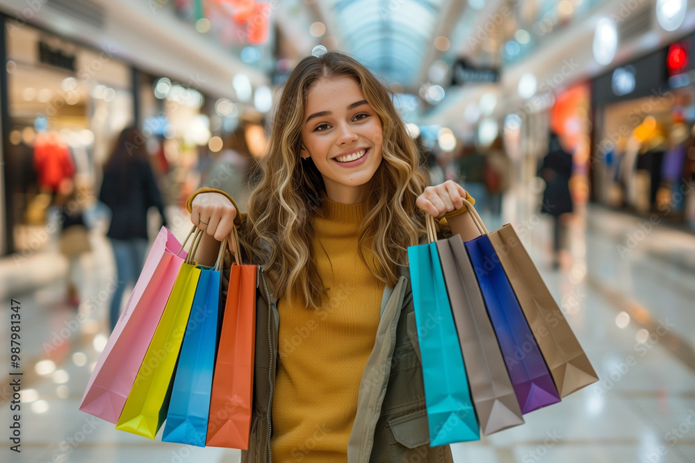 Woman with Many Shopping Bags Shopping During Black Friday, Happily Carrying Bags in a Busy Store Environment Woman with Many Shopping Bags Shopping During Black Friday, Happily Carrying Bags in a Busy Store Environment
