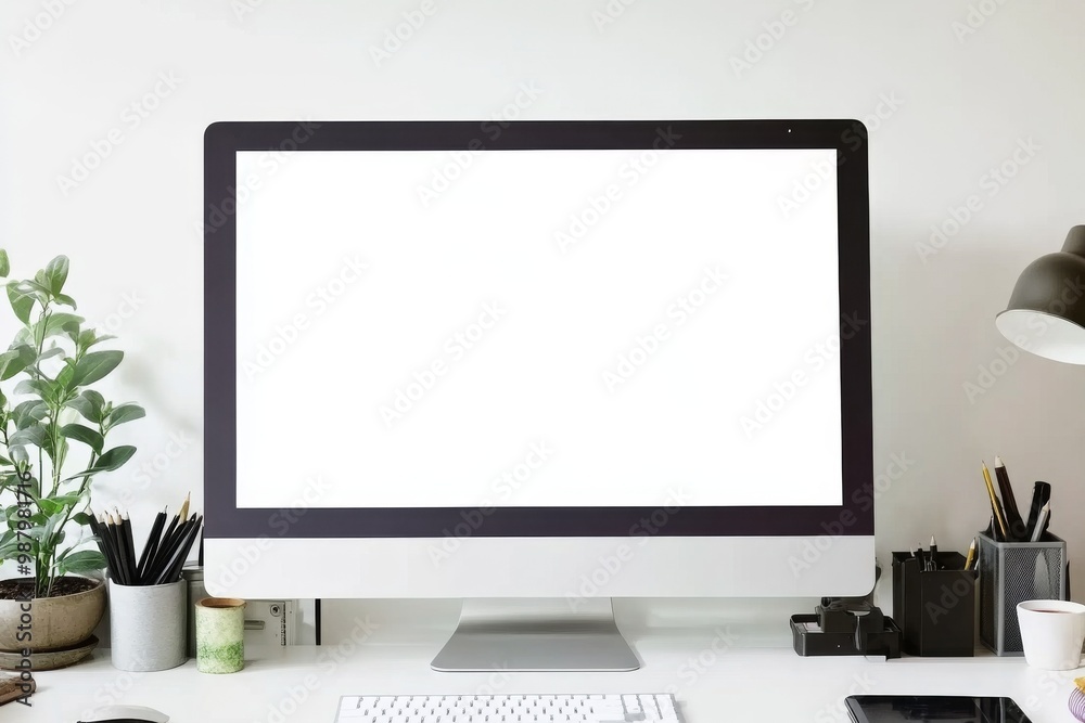 Blank computer screen on an office desk with a plant and stationery, minimalistic white background in web banner style for workspace or productivity concepts. Blank computer screen on an office desk with a plant and stationery, minimalistic white background in web banner style for workspace or productivity concepts.