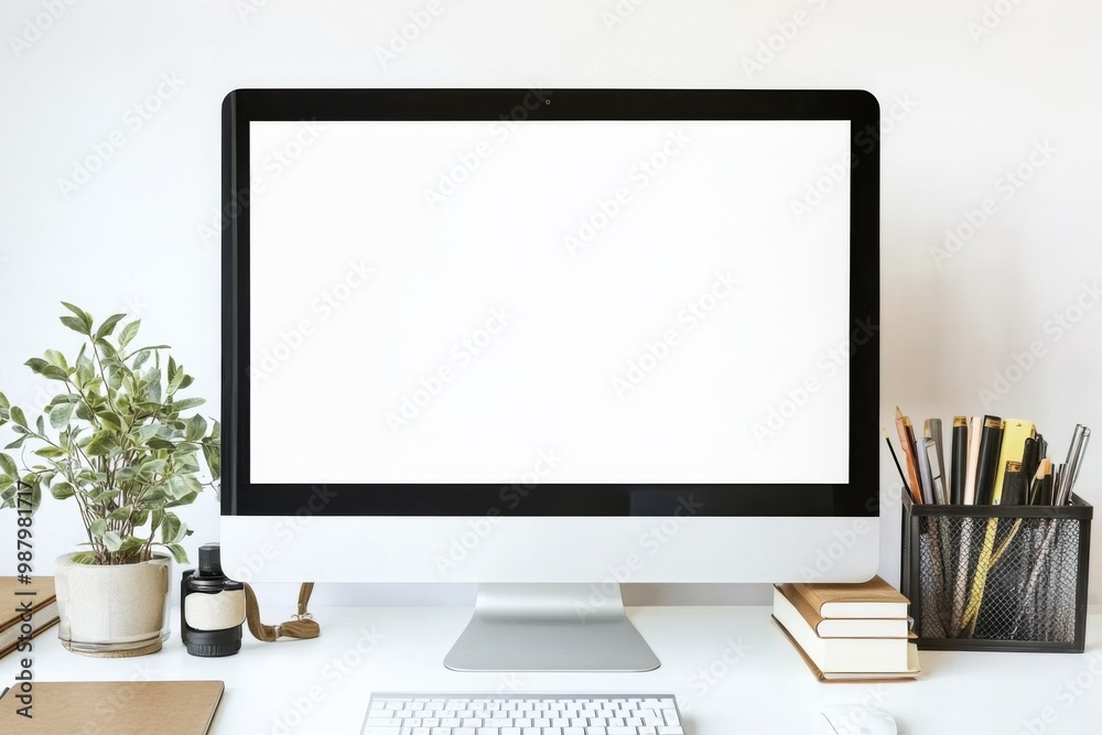 Blank computer screen on an office desk with a plant and stationery, minimalistic white background in web banner style for workspace or productivity concepts. Blank computer screen on an office desk with a plant and stationery, minimalistic white background in web banner style for workspace or productivity concepts.