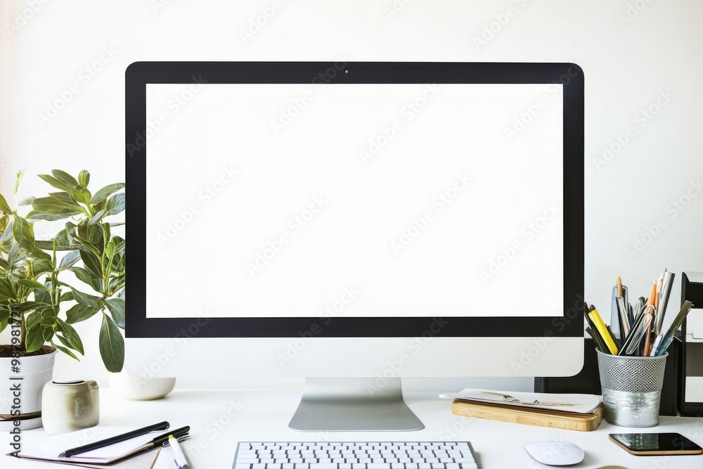 Blank computer screen on an office desk with a plant and stationery, minimalistic white background in web banner style for workspace or productivity concepts. Blank computer screen on an office desk with a plant and stationery, minimalistic white background in web banner style for workspace or productivity concepts.