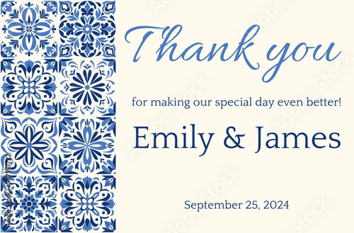 Elegant thank you card featuring Mediterranean floral patterns in navy blue and white. Ideal for weddings and events. Inspired by Portuguese tiles, ornate damask frames, and Moroccan ceramics.