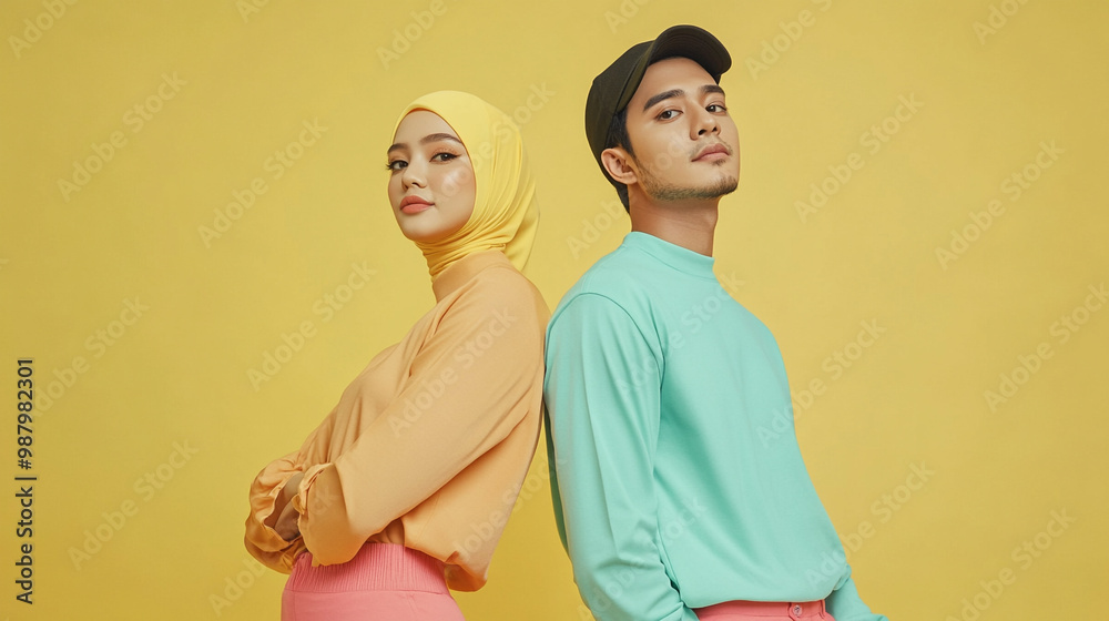 Gen Z Asian Muslim Fashion Model Couple Posing in Bold, Modern Outfits: A Dynamic Display of Contemporary Style, Cultural Identity, and Confidence, Showcasing Trendsetting Fashion in a Vibrant