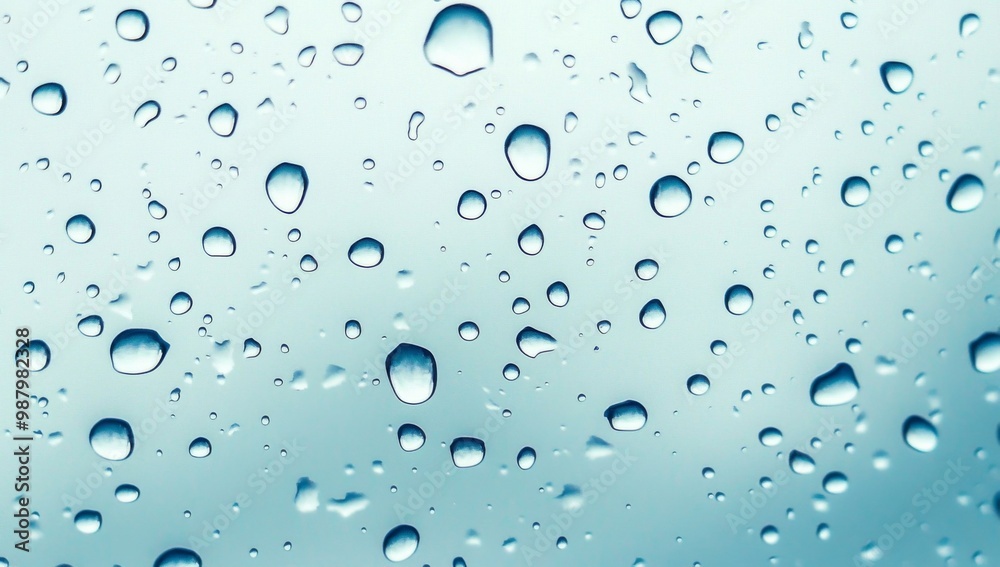 Close-up of water droplets on glass against a light blue background, highlighting the clarity and beauty of each raindrop, symbolizing tranquility and the serenity of nature. Close-up of water droplets on glass against a light blue background, highlighting the clarity and beauty of each raindrop, symbolizing tranquility and the serenity of nature.