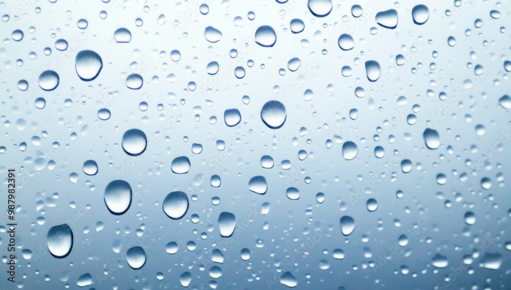 Close-up of water droplets on glass against a light blue background, highlighting the clarity and beauty of each raindrop, symbolizing tranquility and the serenity of nature. Close-up of water droplets on glass against a light blue background, highlighting the clarity and beauty of each raindrop, symbolizing tranquility and the serenity of nature.