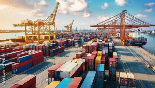 Wallpaper Mural Bustling port scene with cranes and colorful containers showcasing the dynamic nature of global trade and commerce, reflecting the interconnectedness of international shipping and logistics. Torontodigital.ca