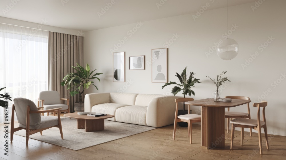 Minimalist, japandi interior design of modern living room with dining table. Minimalist, japandi interior design of modern living room with dining table.