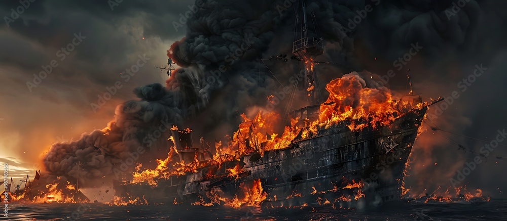 Old ship engulfed in flames, black smoke billowing into the sky, with an ominous dark cloud backdrop. Old ship engulfed in flames, black smoke billowing into the sky, with an ominous dark cloud backdrop.