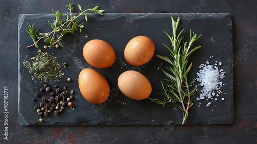 A visually appealing arrangement of three eggs on a textured slate board surrounded by vibrant fresh herbs and aromatic spices like peppercorns and sea salt evoking a rustic culinary atmosphere photo