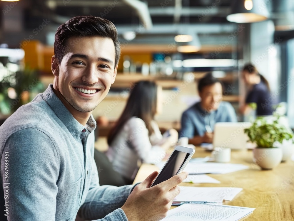 Smiling young man with an iPad at a conference table, surrounded by casually dressed colleagues in a bright, modern office space with documents and coffee cups. Smiling young man with an iPad at a conference table, surrounded by casually dressed colleagues in a bright, modern office space with documents and coffee cups.
