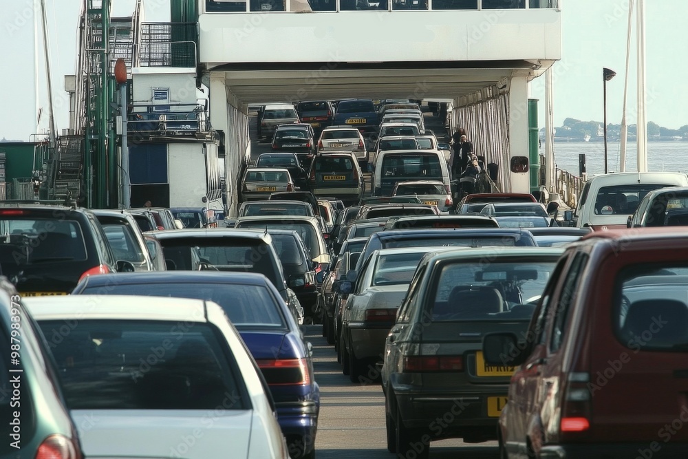 Fototapeta premium Traffic congestion at the Ridley Brazile Embankment ferry crossing, impacted by a port strike, with vehicles packed on the ferry and a long line waiting to board the bridge,highlighting transportation