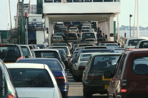 Traffic congestion at the Ridley Brazile Embankment ferry crossing, impacted by a port strike, with vehicles packed on the ferry and a long line waiting to board the bridge,highlighting transportation photo