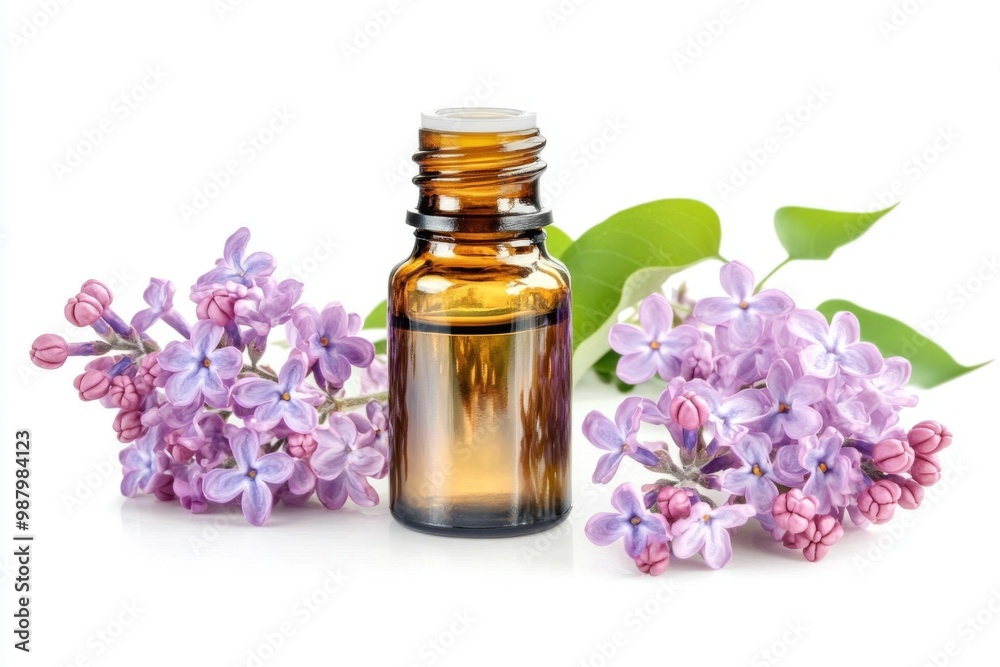 A bottle of essential oil surrounded by fresh lilac flowers, beautifully isolated against a clean white background, showcasing the essence of relaxation and natural wellness. A bottle of essential oil surrounded by fresh lilac flowers, beautifully isolated against a clean white background, showcasing the essence of relaxation and natural wellness.