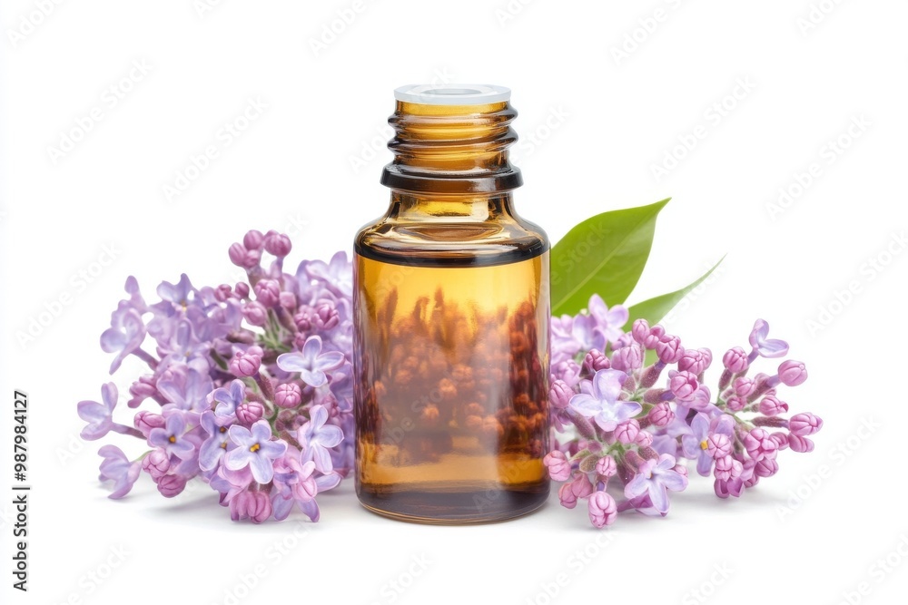 A bottle of essential oil surrounded by fresh lilac flowers, beautifully isolated against a clean white background, showcasing the essence of relaxation and natural wellness. A bottle of essential oil surrounded by fresh lilac flowers, beautifully isolated against a clean white background, showcasing the essence of relaxation and natural wellness.