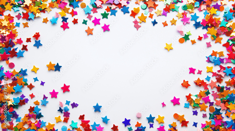 birthday party confetti: a vibrant frame made from multi-colored star and circle confetti, scattered around a bright white background, the cheerful colors create a festive atmosphere birthday party confetti: a vibrant frame made from multi-colored star and circle confetti, scattered around a bright white background, the cheerful colors create a festive atmosphere