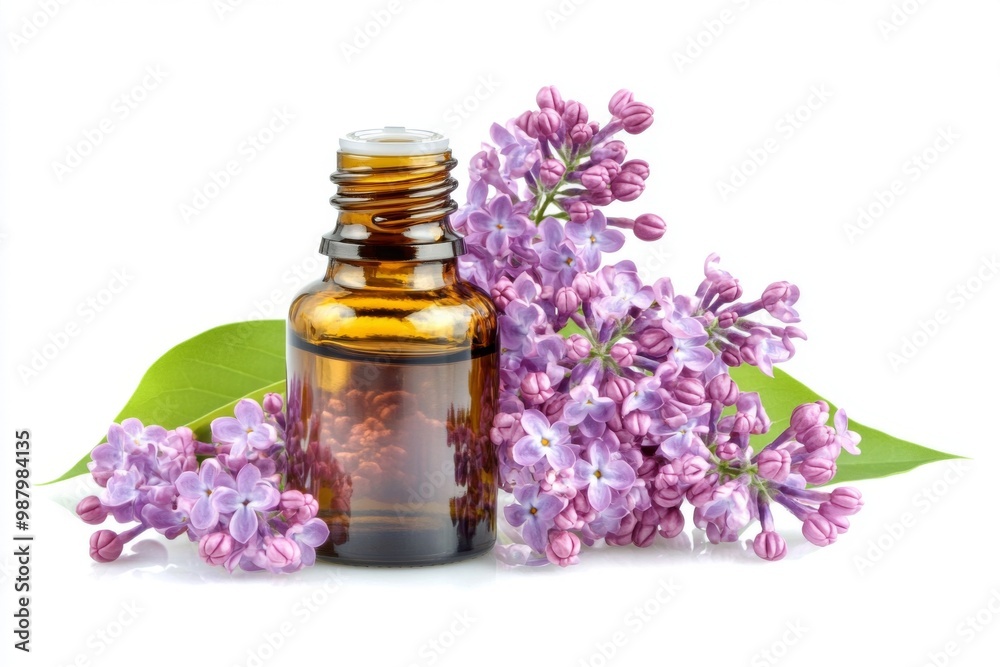 A bottle of essential oil surrounded by fresh lilac flowers, beautifully isolated against a clean white background, showcasing the essence of relaxation and natural wellness. A bottle of essential oil surrounded by fresh lilac flowers, beautifully isolated against a clean white background, showcasing the essence of relaxation and natural wellness.