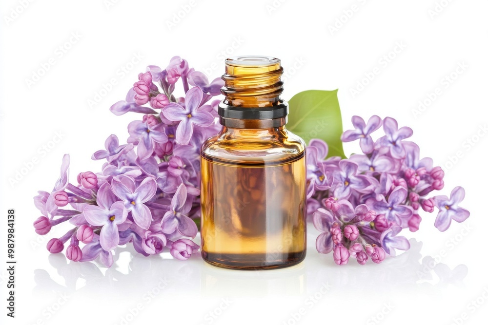 A bottle of essential oil surrounded by fresh lilac flowers, beautifully isolated against a clean white background, showcasing the essence of relaxation and natural wellness. A bottle of essential oil surrounded by fresh lilac flowers, beautifully isolated against a clean white background, showcasing the essence of relaxation and natural wellness.