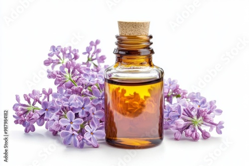 A bottle of essential oil surrounded by fresh lilac flowers, beautifully isolated against a clean white background, showcasing the essence of relaxation and natural wellness.