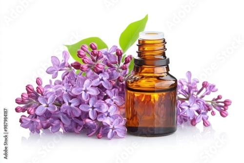 A bottle of essential oil surrounded by fresh lilac flowers, beautifully isolated against a clean white background, showcasing the essence of relaxation and natural wellness.