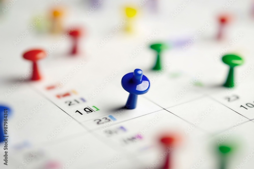 Fototapeta premium Close-up of a colorful calendar with vibrant pushpins, focusing on a blue pin symbolizing a highlighted event, while scattered red, green, yellow, and purple pins represent other important dates and e