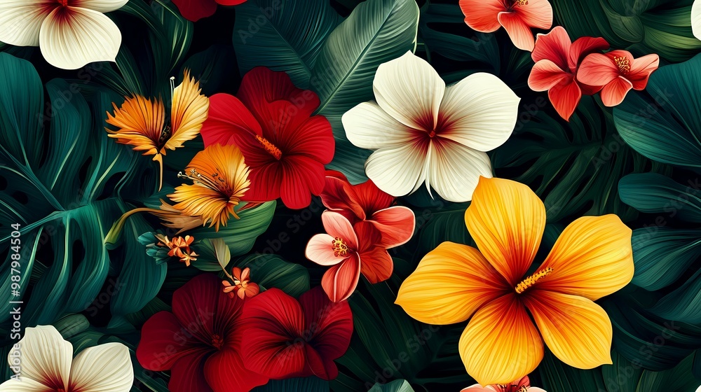 Fototapeta premium Vibrant Tropical Flowers and Lush Green Foliage