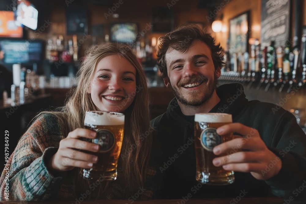 Joyful young couple celebrating with beer toast in a bar while smiling at the camera Joyful young couple celebrating with beer toast in a bar while smiling at the camera