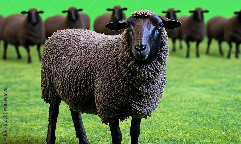 Black Sheep Standing in Front of Flock green screen background with ai generated.
Black Sheep Standing in Front of Flock green screen background with ai generated.