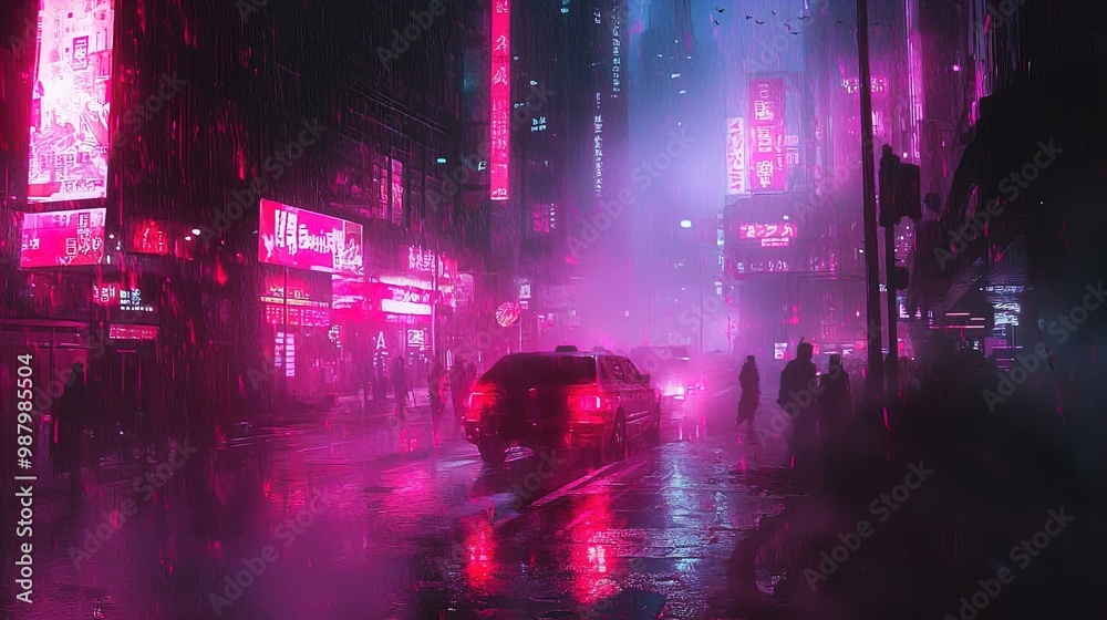 The image depicts a bustling urban street scene at night, illuminated by vibrant neon lights in shades of pink and purple. The street is wet, possibly from recent rain, reflecting the colorful lights 