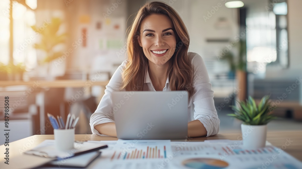 Smiling young woman working on a laptop in a modern office, surrounded by charts and plants.