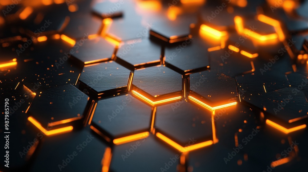 Abstract hexagonal pattern with glowing orange edges against a dark background, creating a futuristic feel. Abstract hexagonal pattern with glowing orange edges against a dark background, creating a futuristic feel.