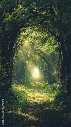 An enchanting woodland scene featuring a pathway covered in lush green foliage, leading through a tunnel formed by dense trees arching overhead. Sunlight filters through the tree canopy, creating dapp