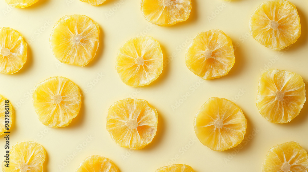 dried pineapple rings: a loose frame made from dried pineapple rings, scattered naturally across a pale cream background, the bright yellow tones of the fruit create a sunny, tropical atmosphere dried pineapple rings: a loose frame made from dried pineapple rings, scattered naturally across a pale cream background, the bright yellow tones of the fruit create a sunny, tropical atmosphere