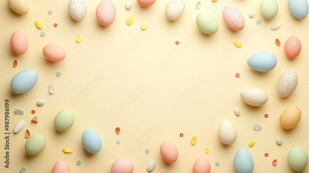 easter confetti: a playful frame made from pastel-colored egg-shaped confetti, scattered around the edges of a light yellow background, the soft hues evoke a sense of joy and renewal easter confetti: a playful frame made from pastel-colored egg-shaped confetti, scattered around the edges of a light yellow background, the soft hues evoke a sense of joy and renewal